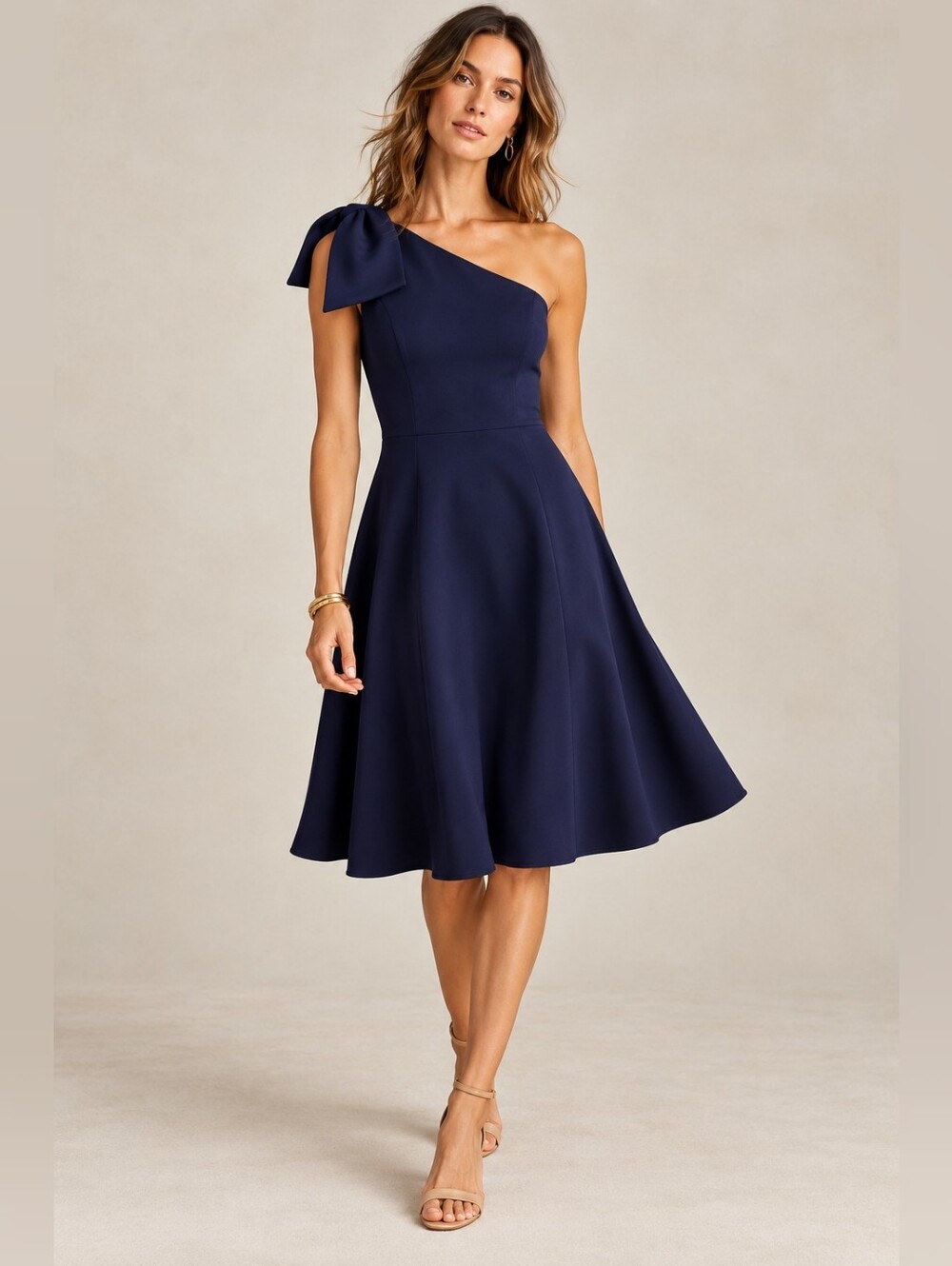 GAL MEETS GLAM Yvonne One Shoulder Bow Detail Fit & Flare Dress Navy Blue 6P